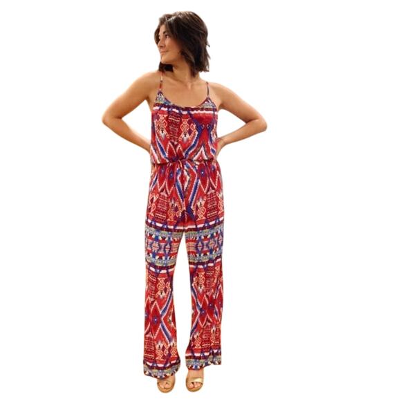 Sans Souci Women's Red & Blue Spaghetti Strap Scoop Neck Jumpsuit Size Large - Picture 1 of 16